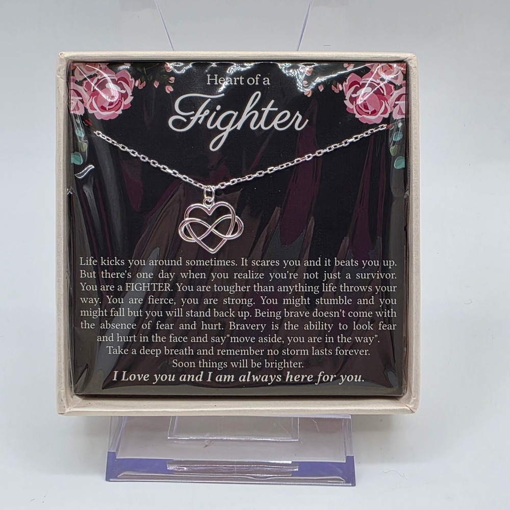 RareLove Heart of a Fighter Infinity Heart Necklace Silver Tone Gift Set New